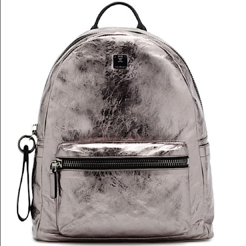 Authentic ✨ MCM Transformer Foil-leather Silver Cowhide Leather Backpack